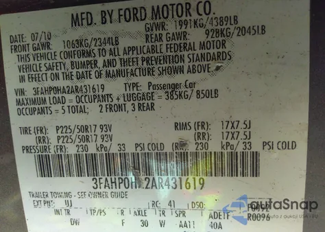 2010 Ford Fusion Se z USA, uszkodzony, nr VIN 3FAHP0HA2AR431619